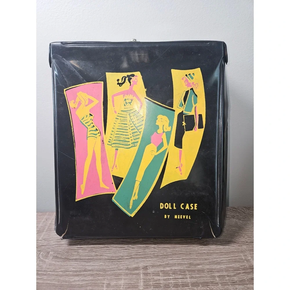 Vintage 1960s Neevel Doll Case Black Vinyl Fashion Graphic Trunk MCM Toy Storage